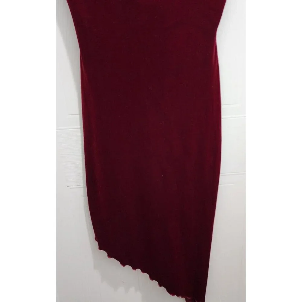 Vtg Y2K Cache Women's Strapless Sheath Dress Asymmetrical Hem Red Velvet Size 8 - Picture 3 of 11
